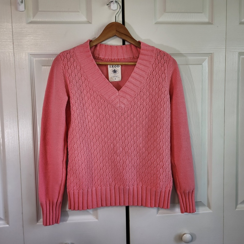IZOD‎ Womens Pink Textured Honeycomb V-Neck Cotton Blend Sweater Small Colorful